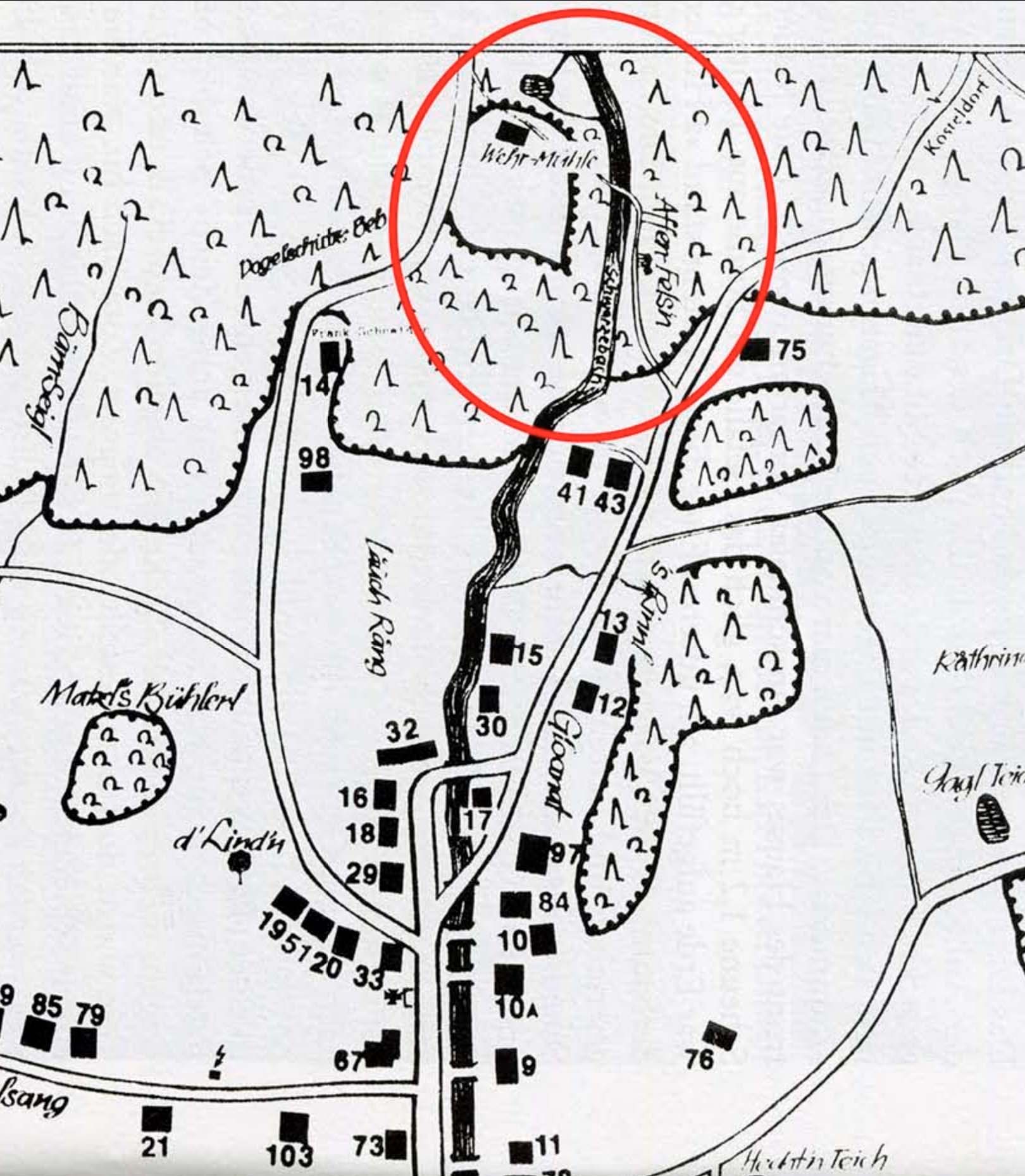 Handgezeichneter Ortsplan von Pechgrün mit eingezeichnetem Affenfelsen