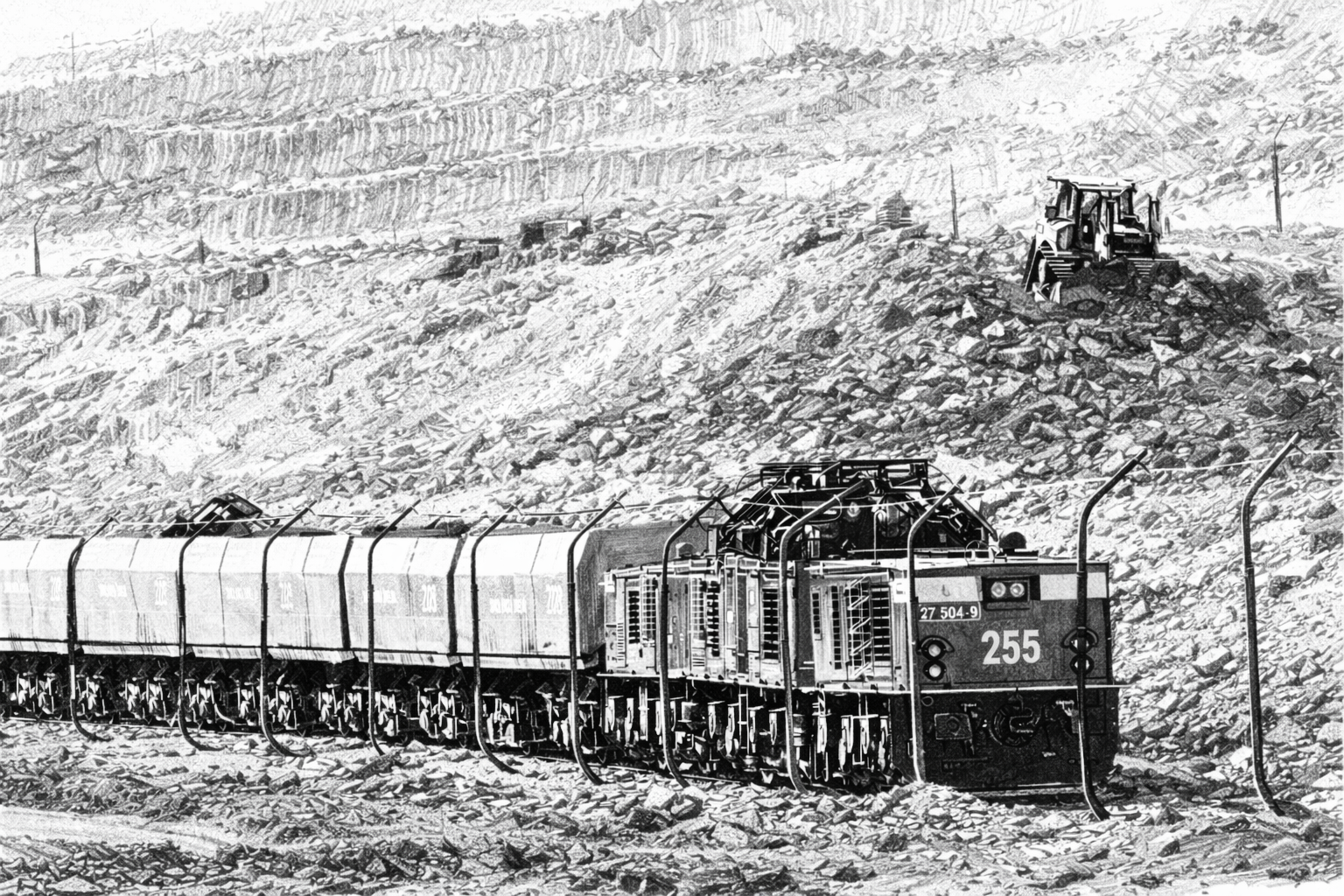 Werkbahn am Rand der Halde in einer Darstellung nach zeitgenössischen Vorlagen
