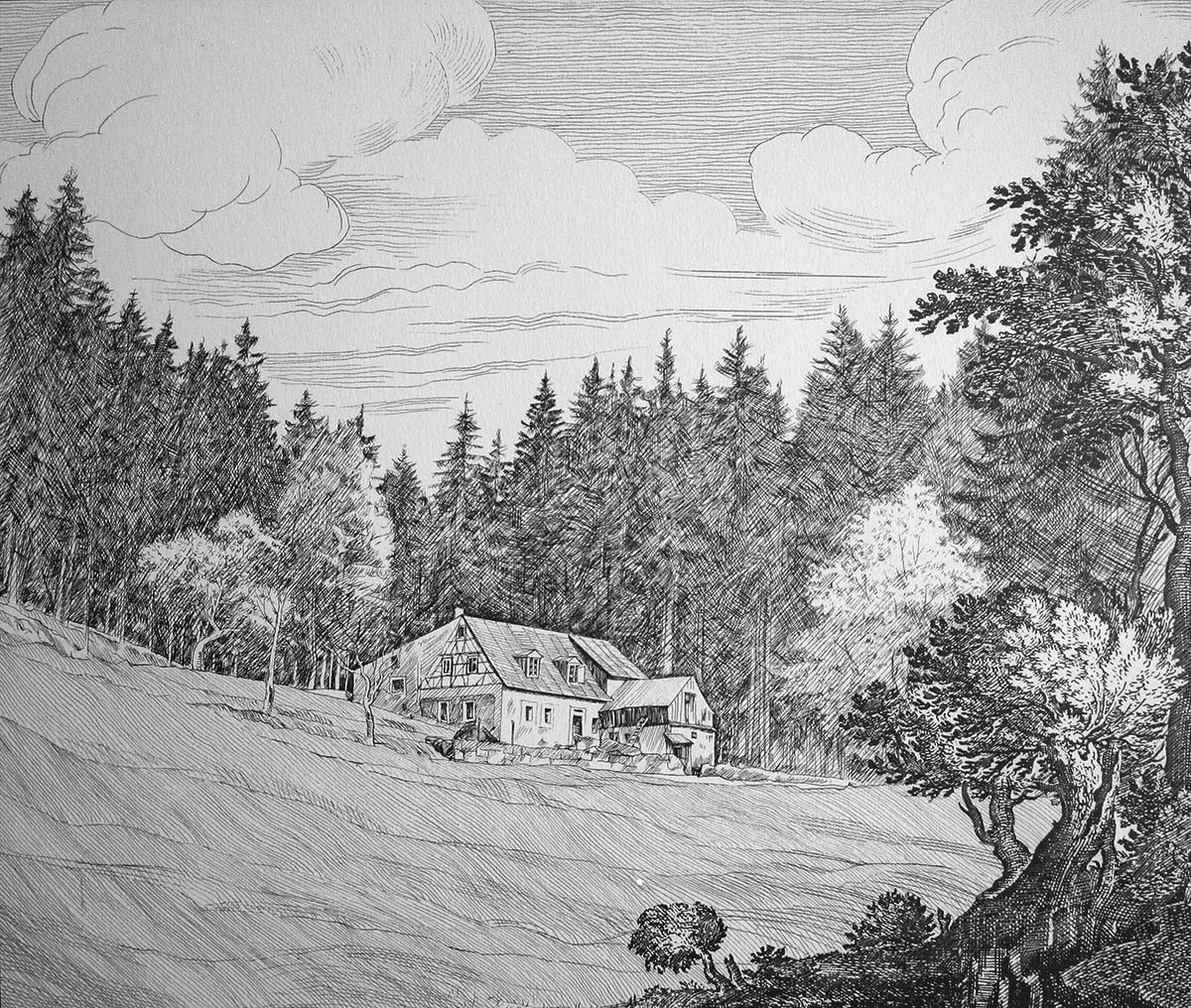 Die Wehrmühle, Federzeichnung (Tusche) von Karl Redelbach