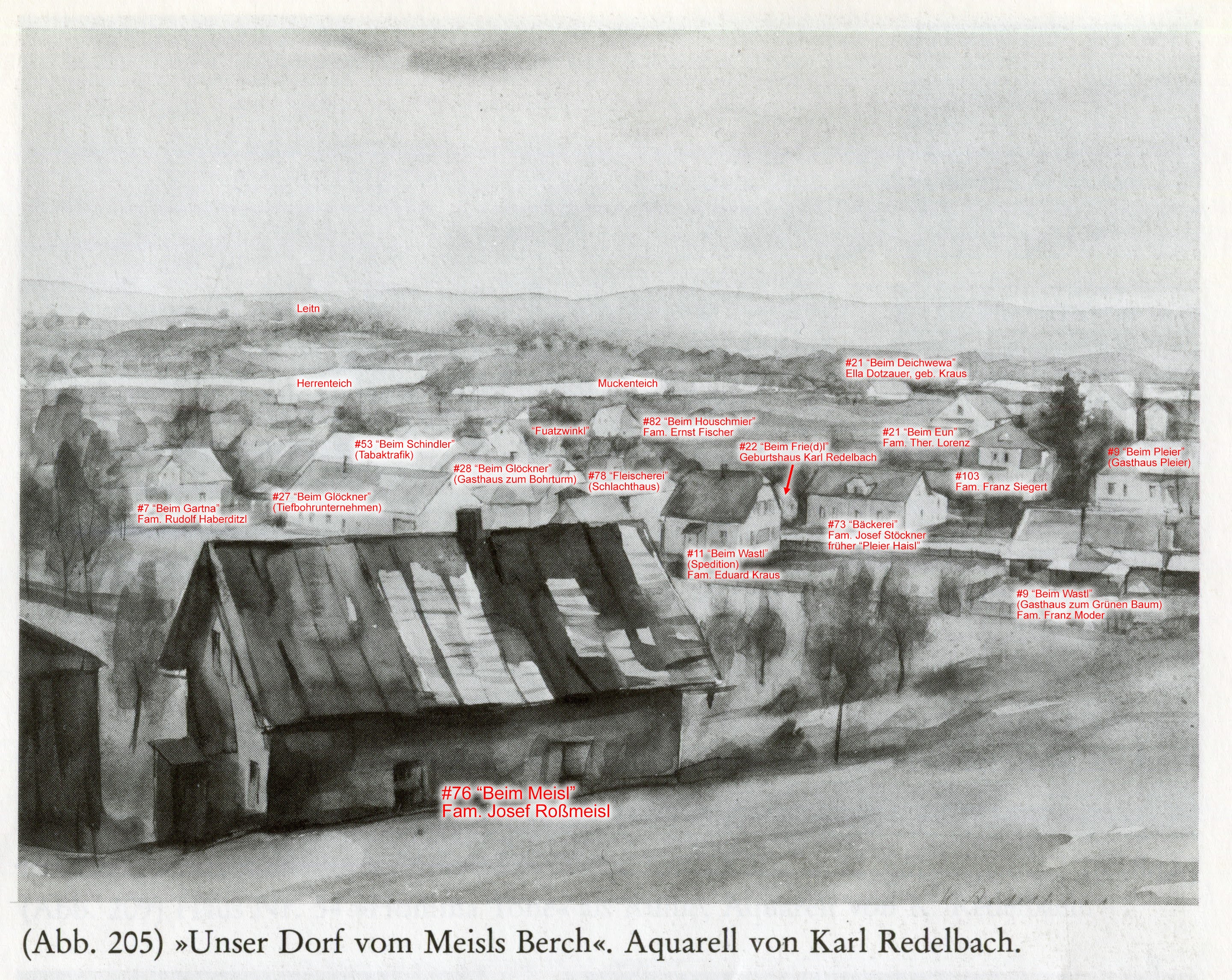 Aquarell mit Ergänzungen: Hausnummern und Hausnamen im Dorf Pechgrün.