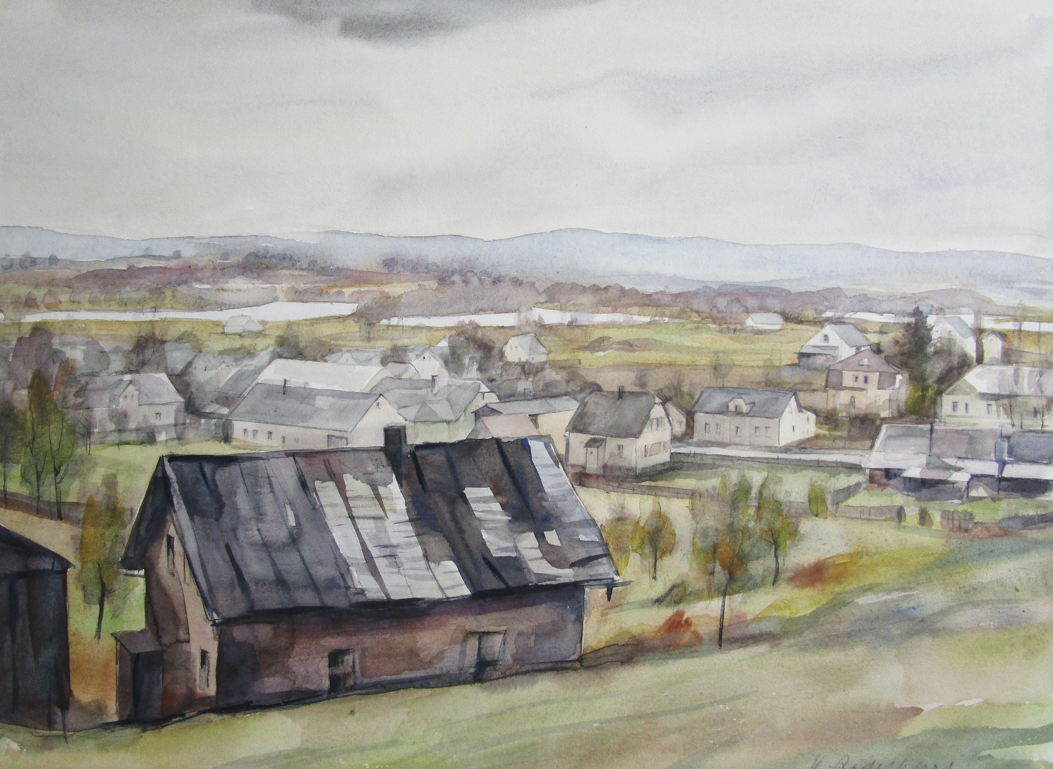 Pechgrün – pohled od Meißlbergu na střed obce. Akvarel od Karla Redelbacha.