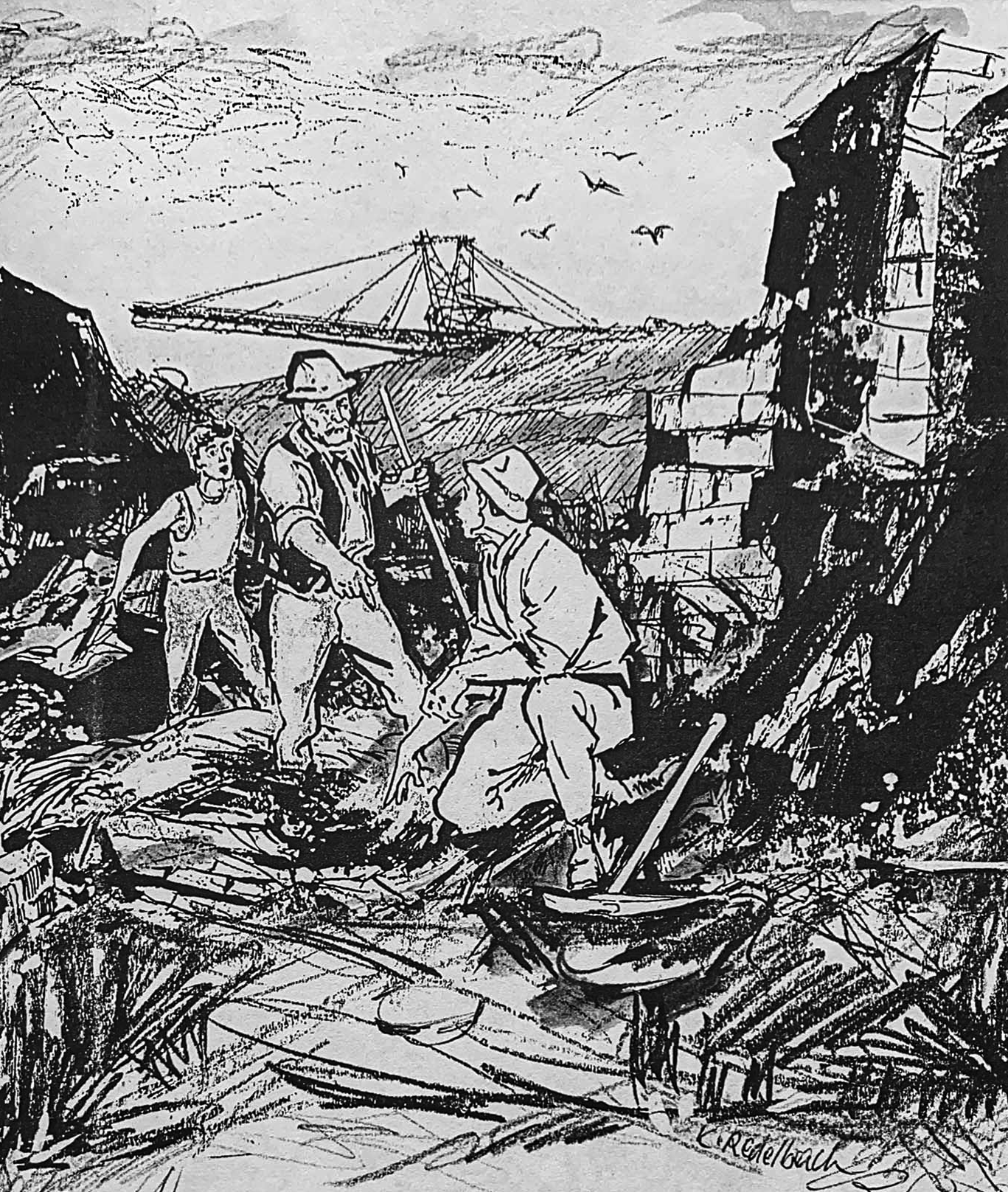 Zeichnung von Karl Redelbach mit den Ruinen von Pechgrün und naher Halde
