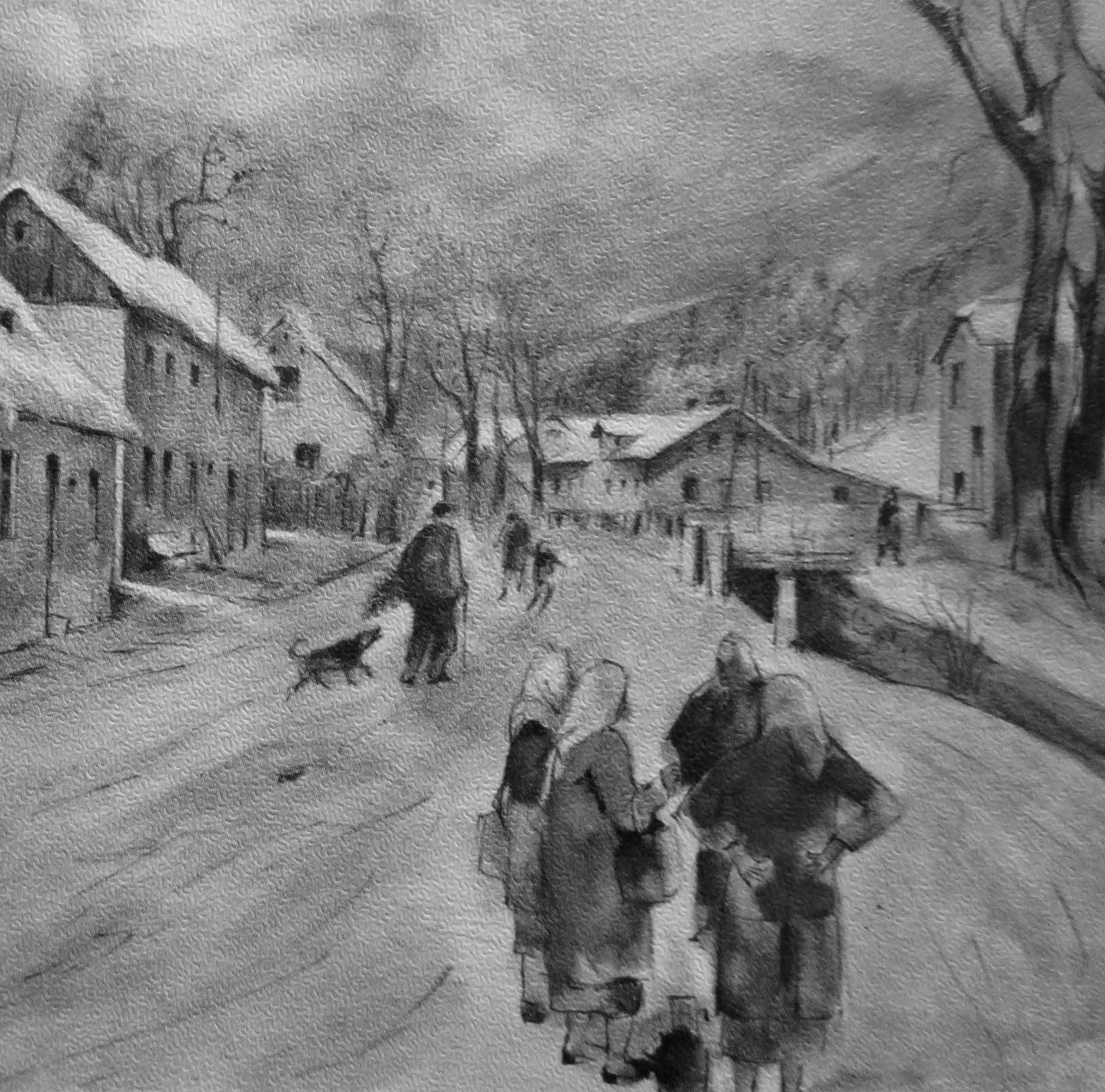 Dorfmitte von Pechgrün im Winter – Alltagsszene mit Menschen auf der Straße