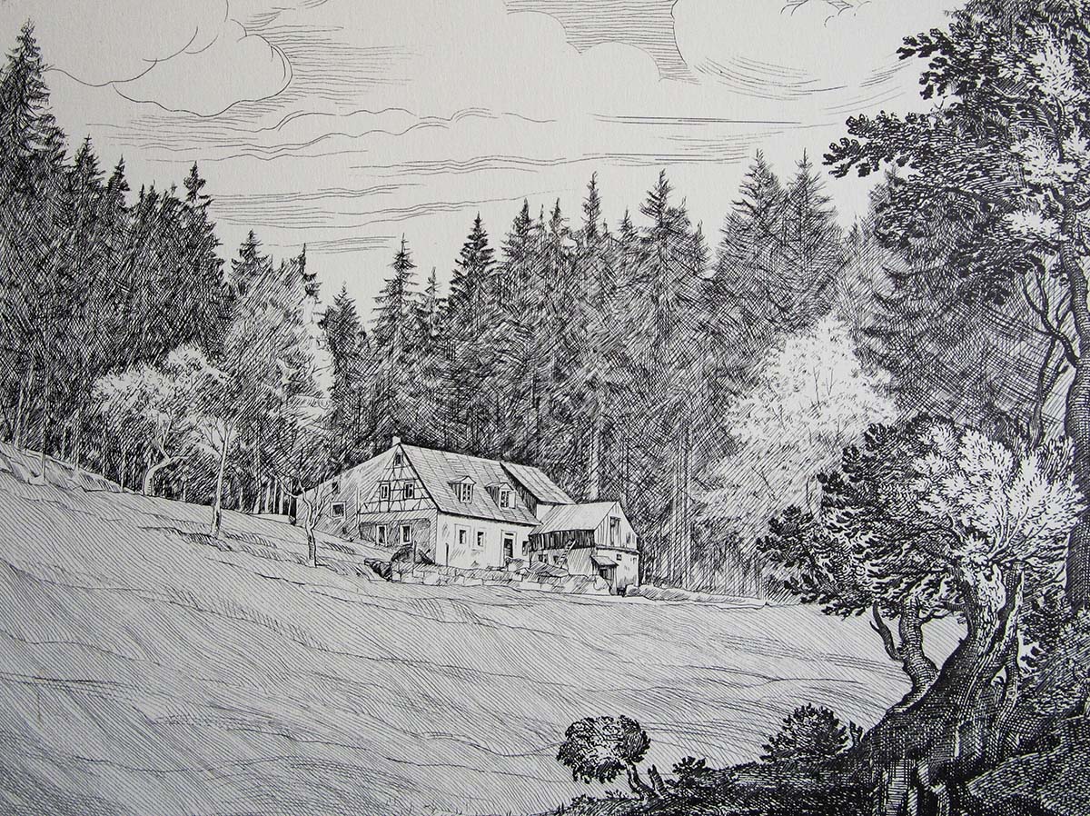 Die Wehrmühle bei Pechgrün – Zeichnung von Karl Redelbach