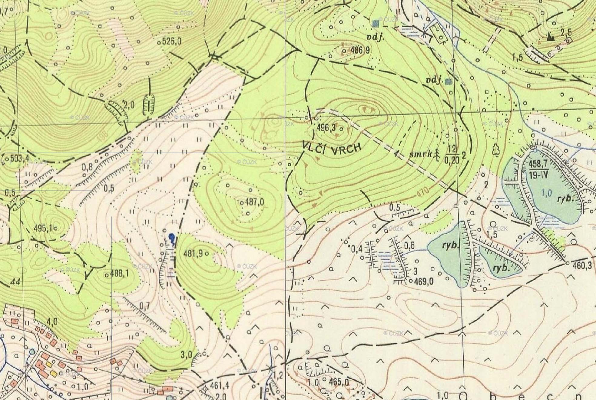 Topografische Karte von 1965 – Wolfsberg als bewaldeter Höhenzug